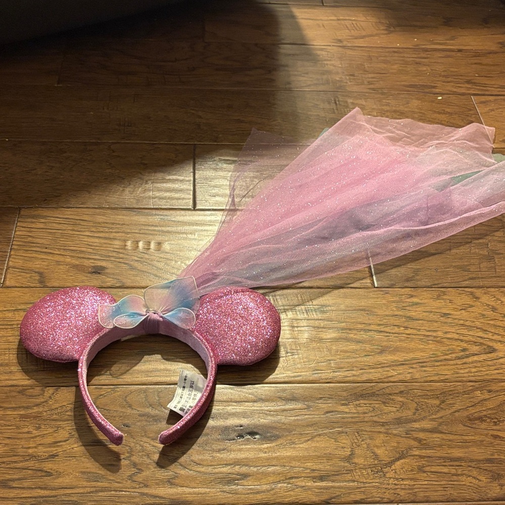 Disney Parks Hong Kong Pink Lotus Flower 🪷 Glitter Minnie Mouse Ears with Veil